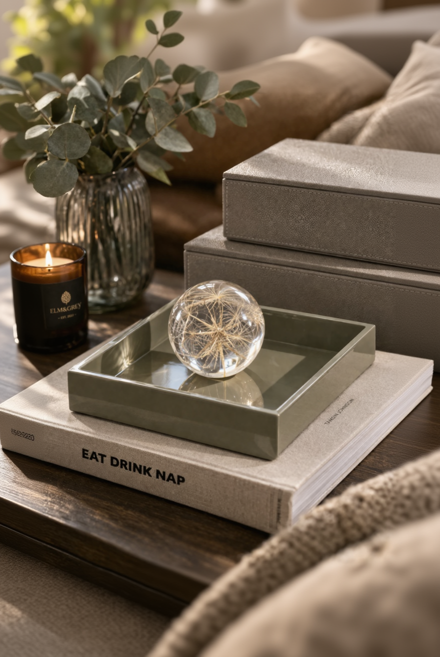 Mojoo sage green lacquer tray on bedside table
