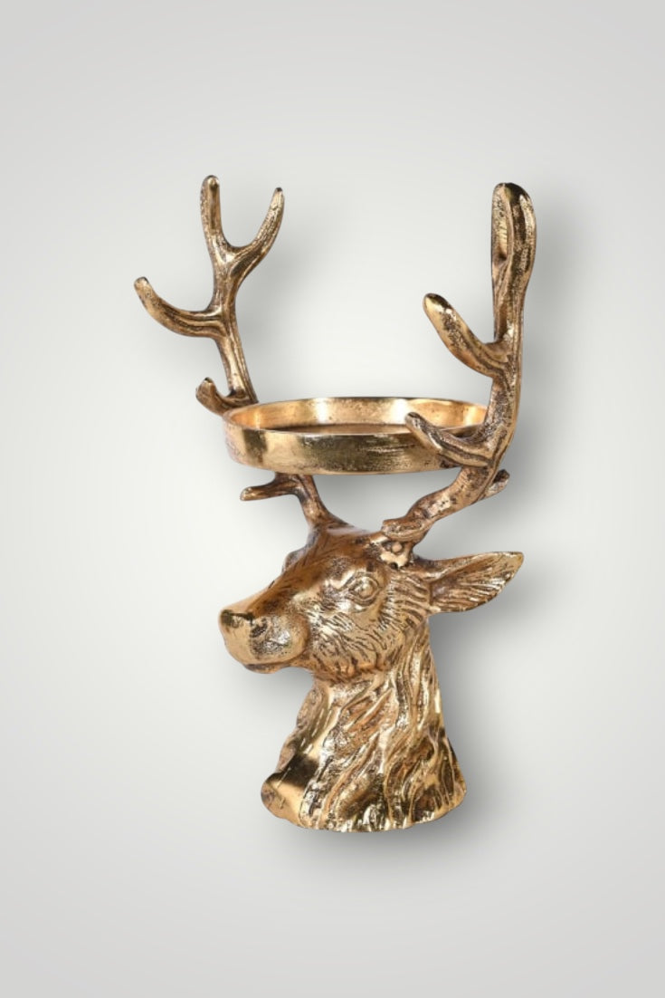 Decorative wall-mounted deer head with antlers on a light gray background