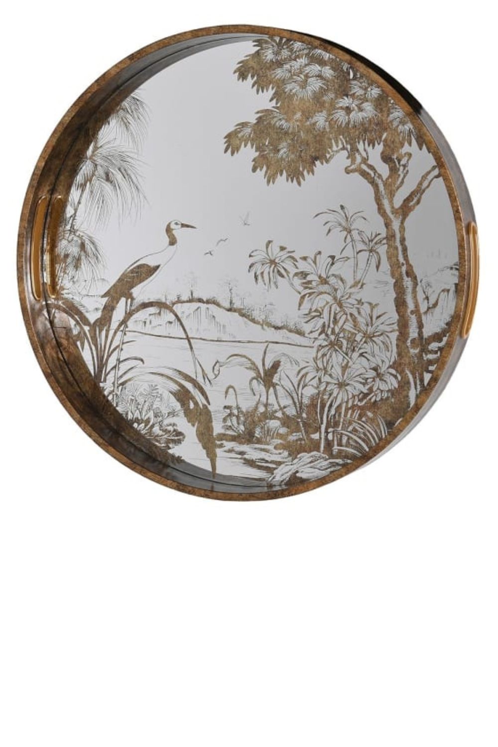 Round mirror with nature-themed design on a white background
