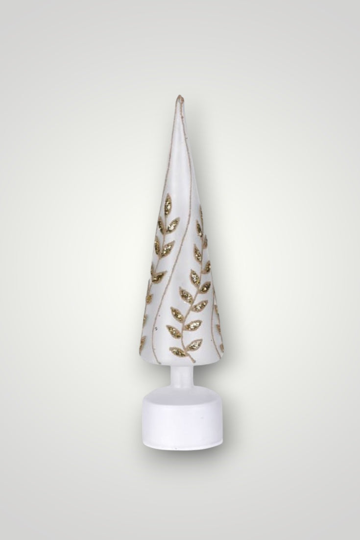 Decorative white cone with gold leaf patterns on a white background