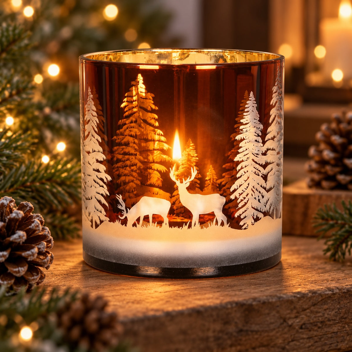 Amber Forest glass candle holder glowing in a warm winter setting with pine cones