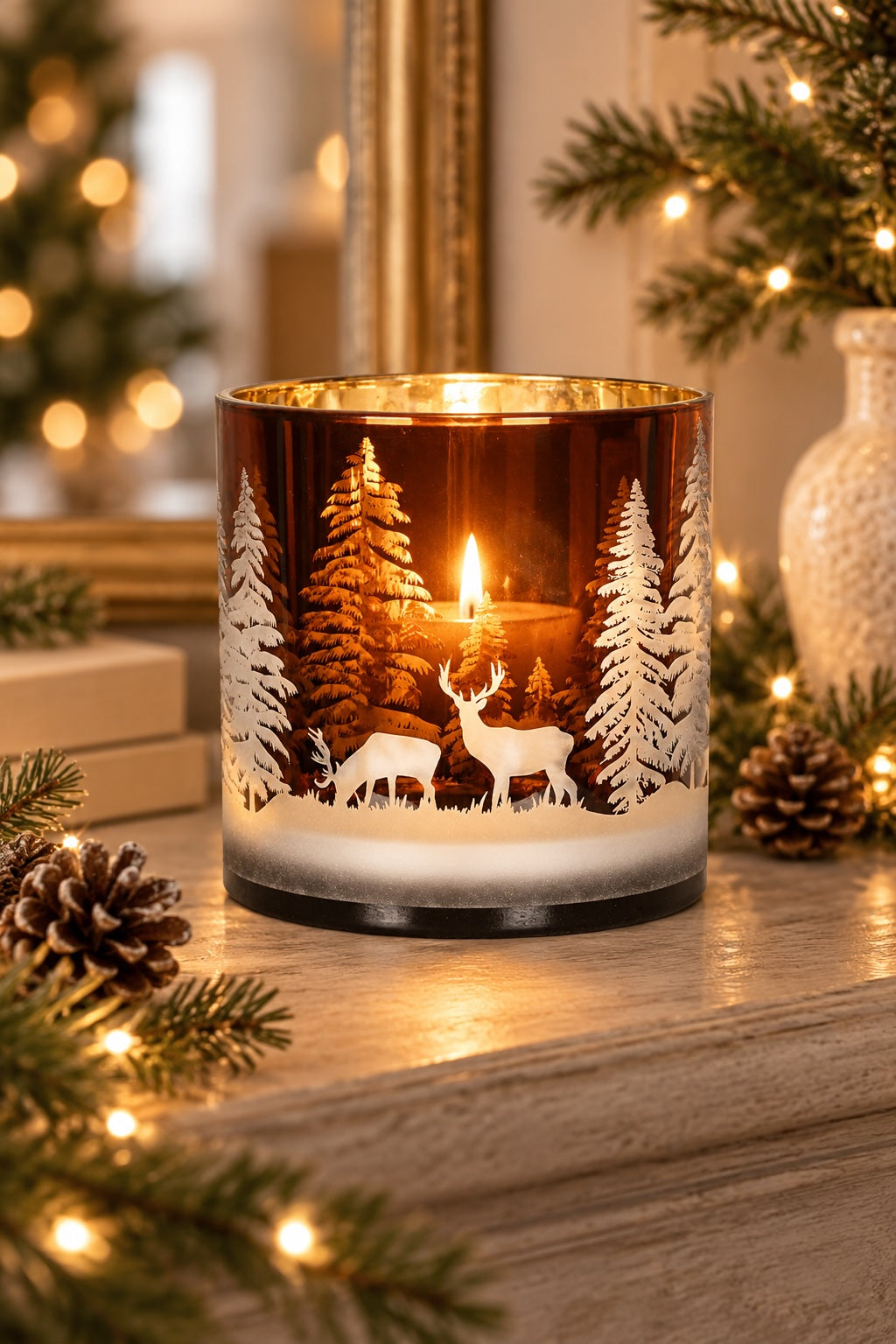Amber Forest glass candle holder glowing in a warm winter setting