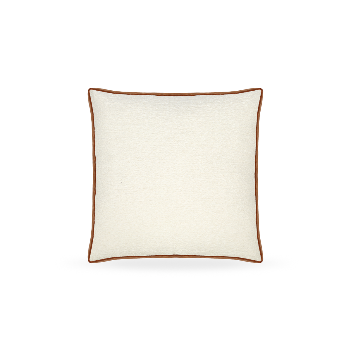 Beige pillow with brown trim on a white background