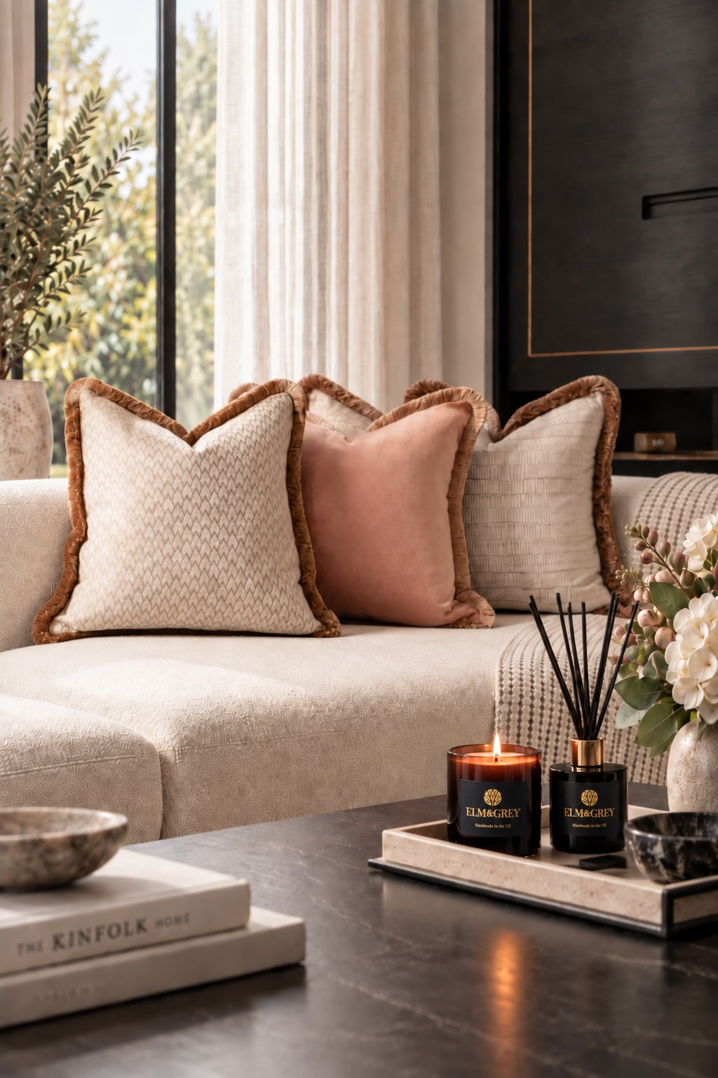 Champagne Bracken and Bay curated luxury cushion trio in soft neutral and blush tones