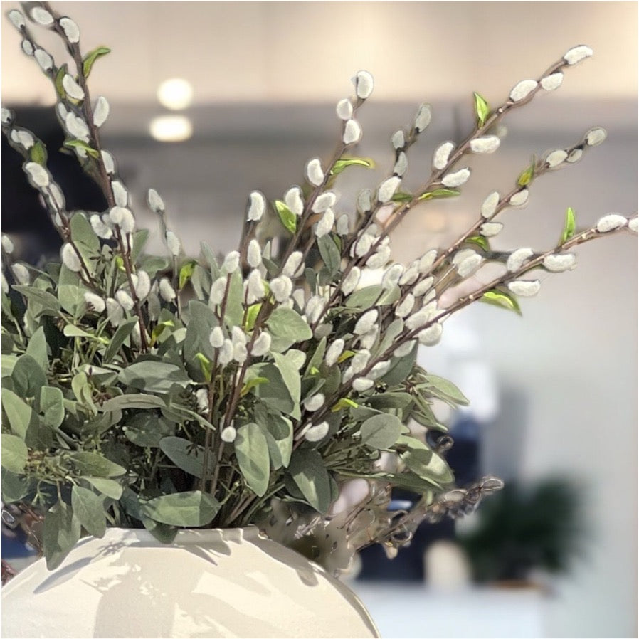 Faux Arrangement of Eucalyptus and Pussy Willow in a Matt White Ceramic Vase  Close Up