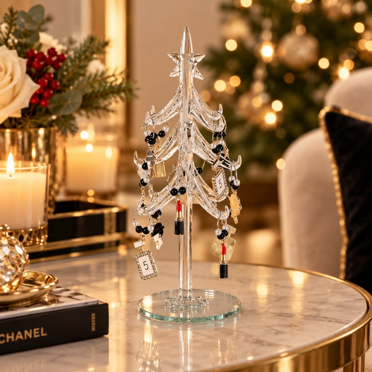 Couture glass tabletop Christmas tree with miniature baubles