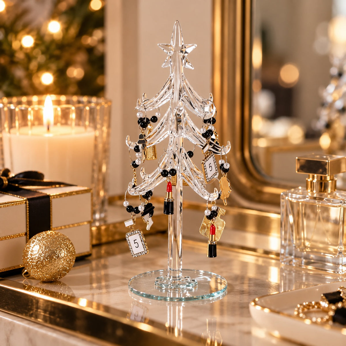 Couture glass tabletop Christmas tree with miniature baubles
