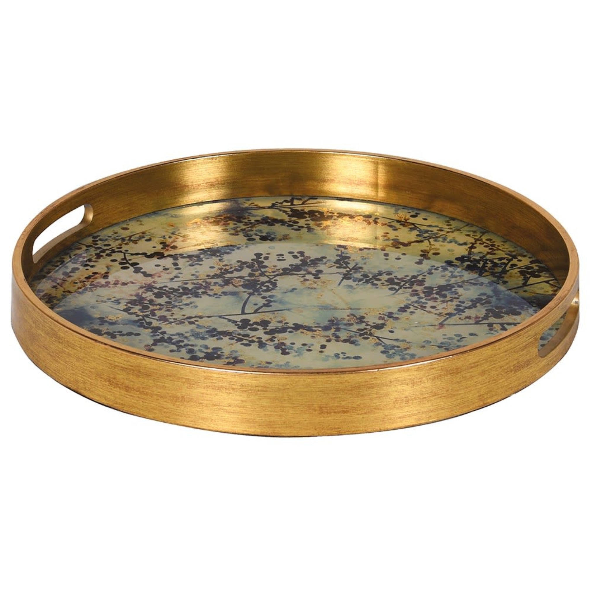 Gold round tray with floral design on a white background