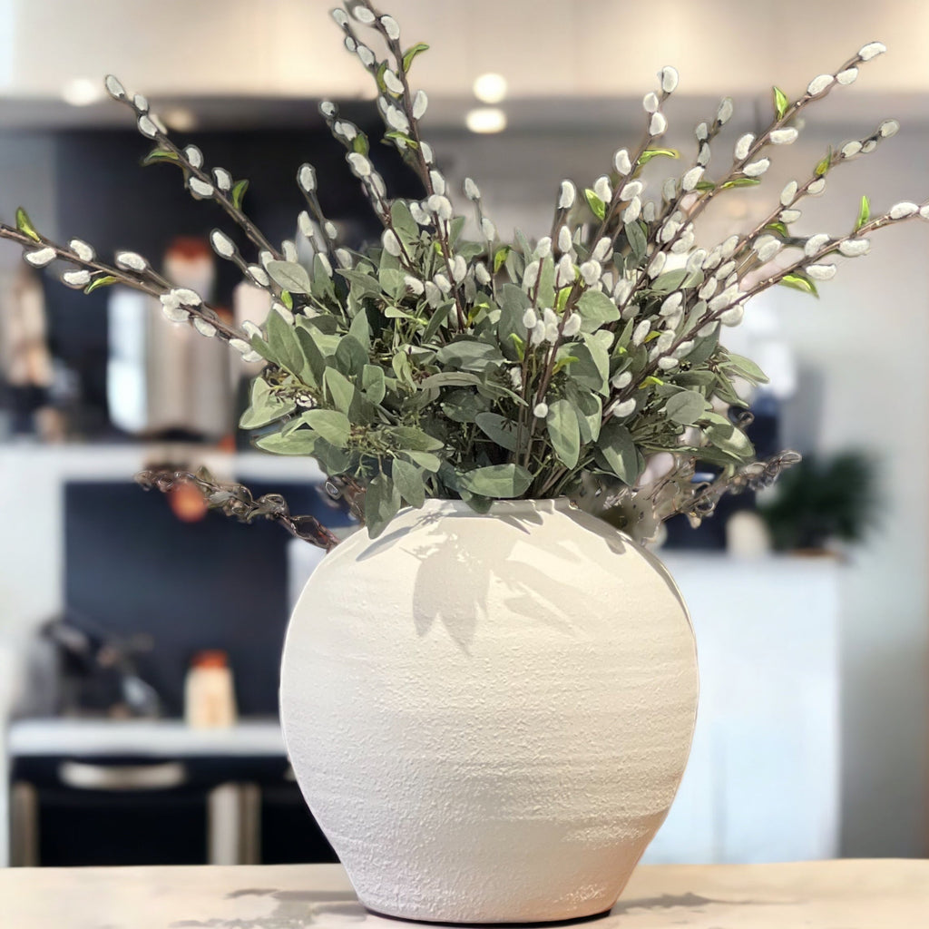 Faux Arrangement of Eucalyptus and Pussy Willow in a Matt White Ceramic Vase
