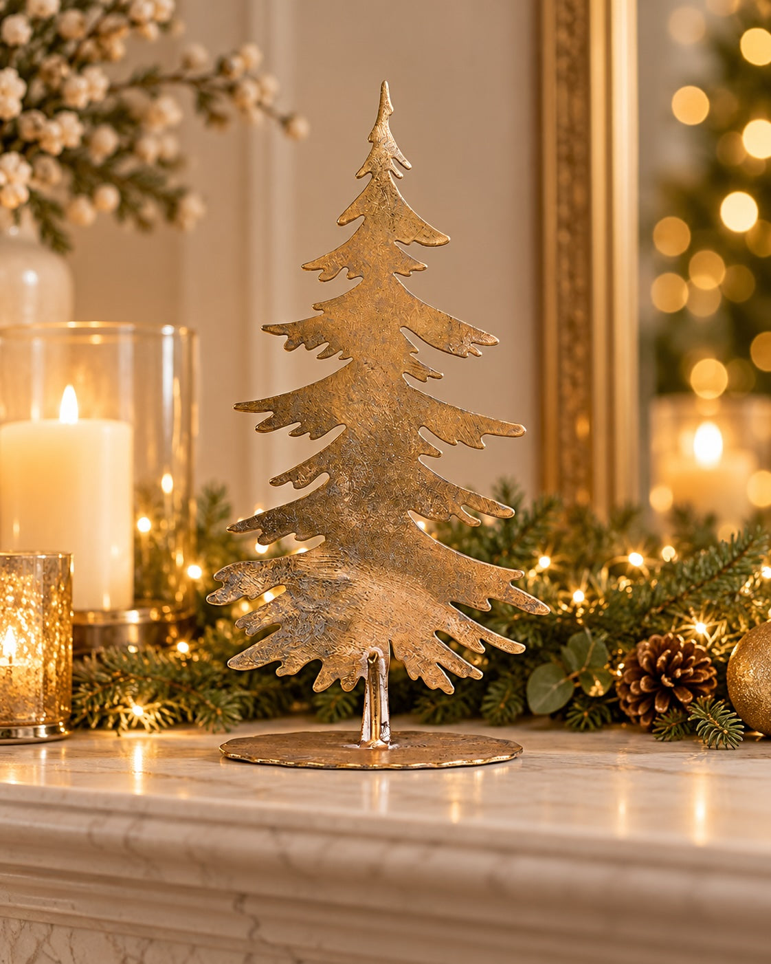 Gilded fir tree styled with reindeer, greenery and candlelight