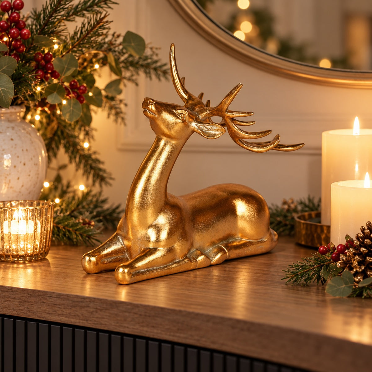 Gold sitting stag styled with greenery and candlelight