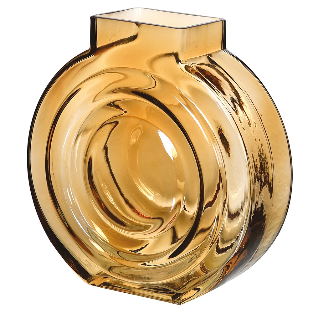 Amber glass moon disc vase with concentric ring detail and square neck opening, product shot - Elm & Grey