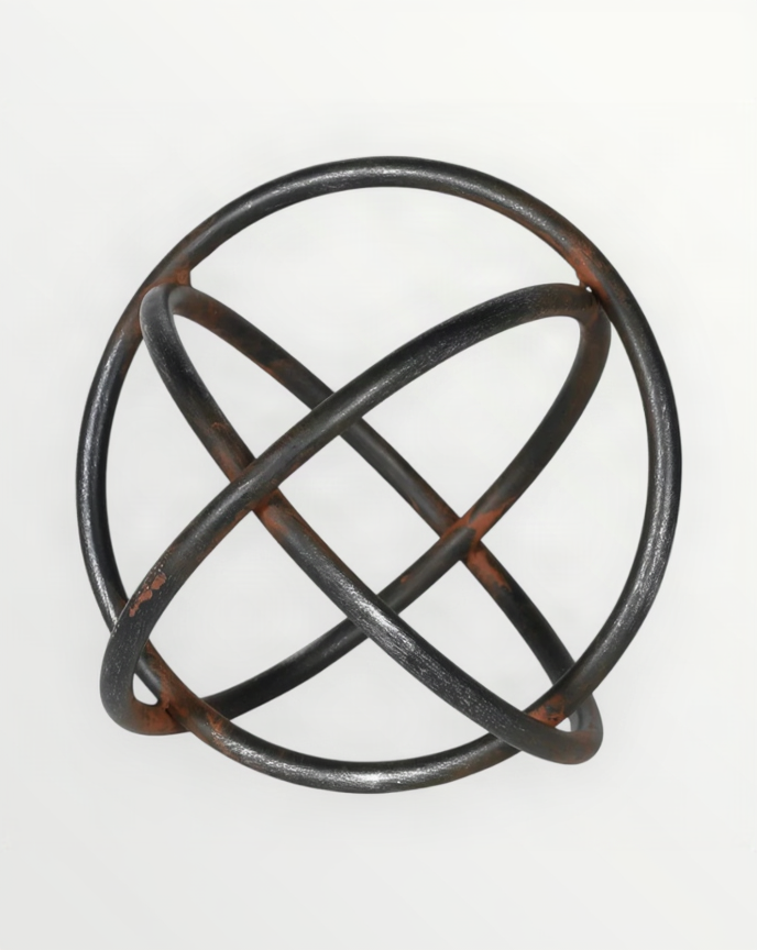 A black decorative metal ring ornament with an X-shaped design in the center, placed against a white background.