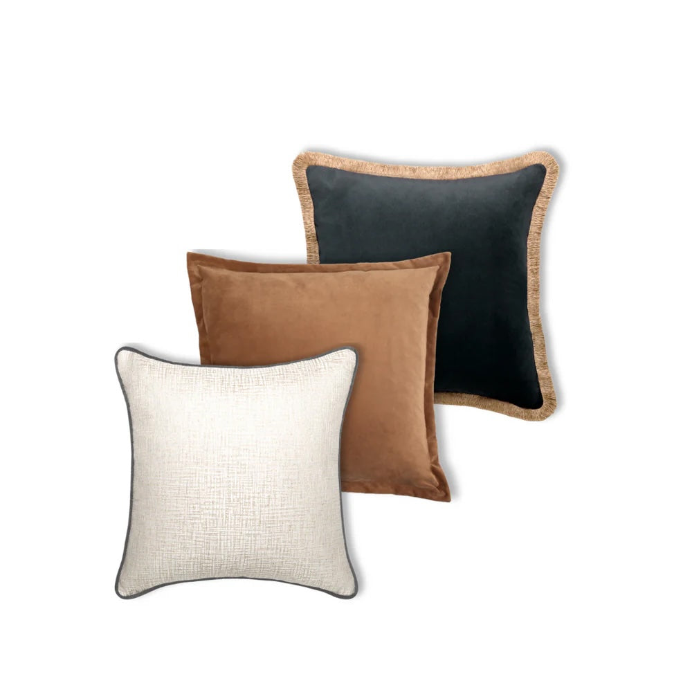 Petrol, Caramel & Pearl Curated Cushion Trio