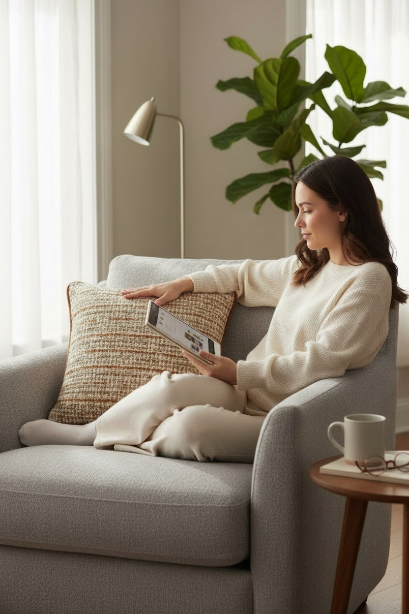 Woman sitting on a couch reading a book in a cozy living room.