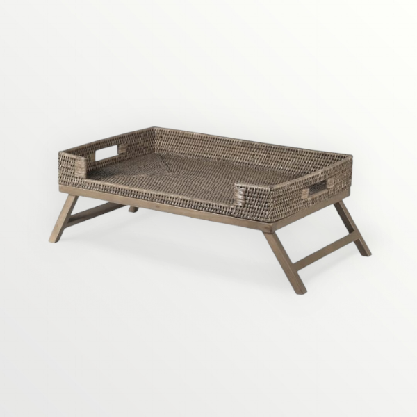 elegant rattan breakfast tray, crafted with a finely woven rattan top and sturdy mahogany folding legs.