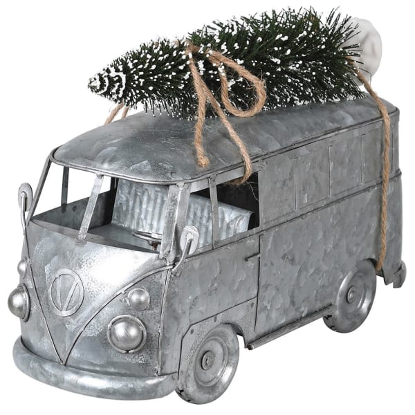galvanised camper van with Christmas tree on top