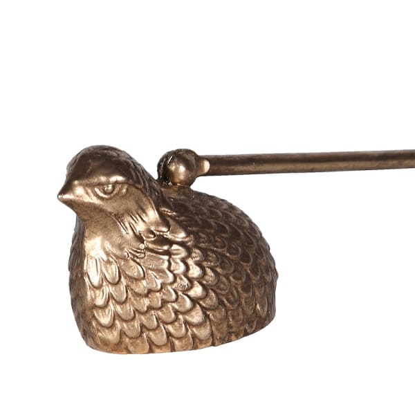 A bronze-finished bird-shaped object with a textured, scale-like surface and a straight rod extending from the top, shown on a plain white background.