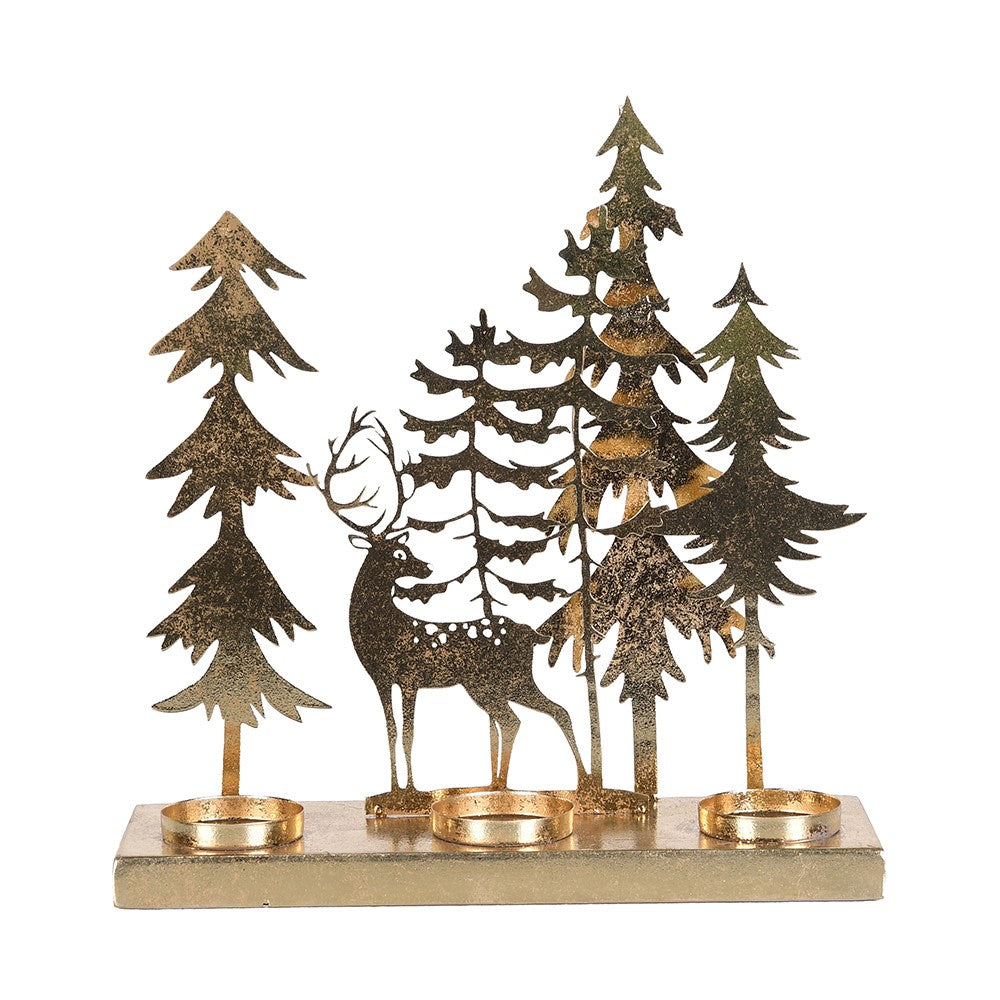 Decorative candle holder with deer and trees on a white background