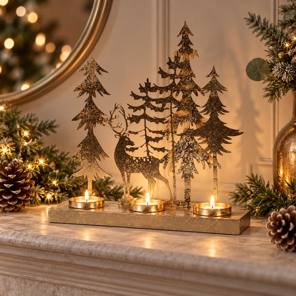Savernake Reindeer Scene Candle Holder glowing with three tealights in a festive display