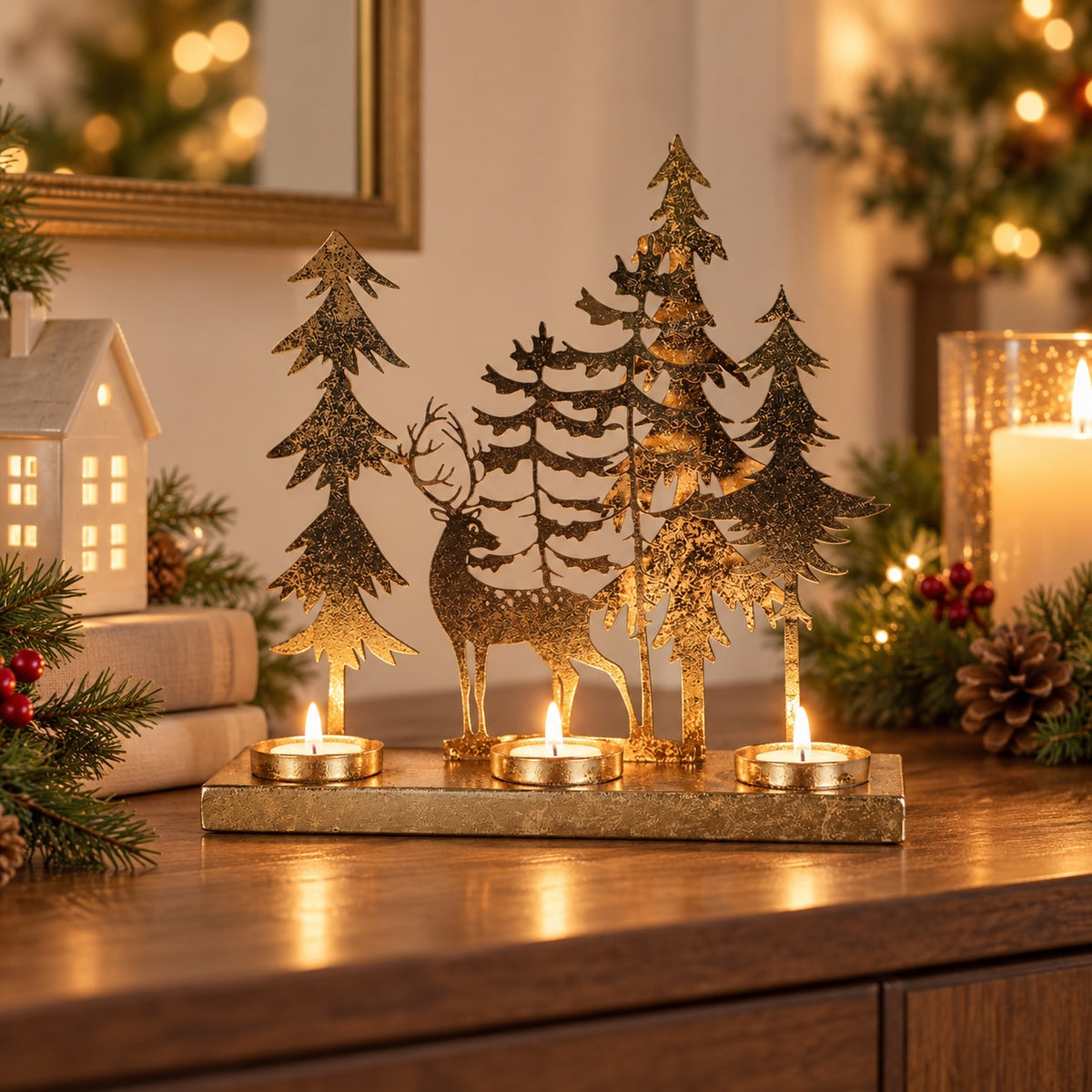 Savernake Reindeer Scene Candle Holder glowing with three tealights in a festive display