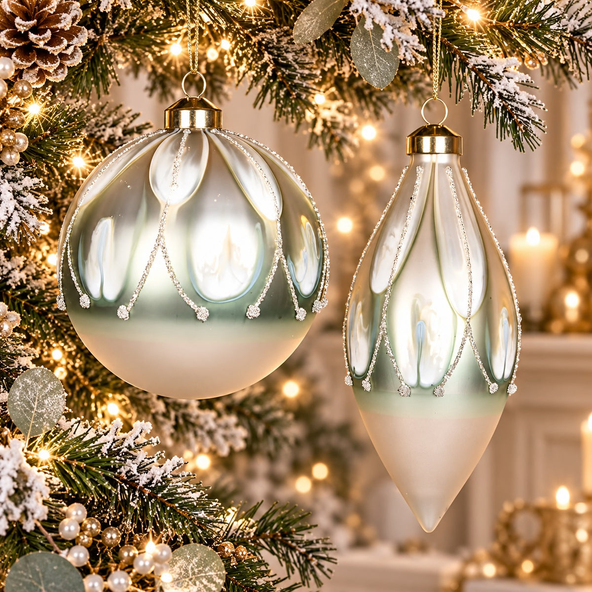 Two elegant frosted glass Christmas ornaments hanging from a decorated Christmas tree. One ornament is round with a glossy finish and the other is teardrop-shaped, both featuring a pale sage green upper section, a frosted white center, and gold caps with delicate silver bead accents.