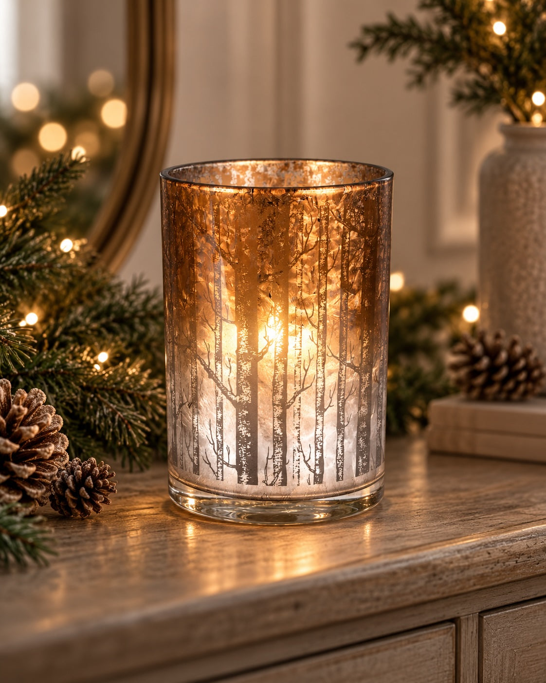 A lit glass candle holder with a frosted winter forest design, placed on a wooden console table surrounded by pine branches, pinecones, and warm bokeh lights.