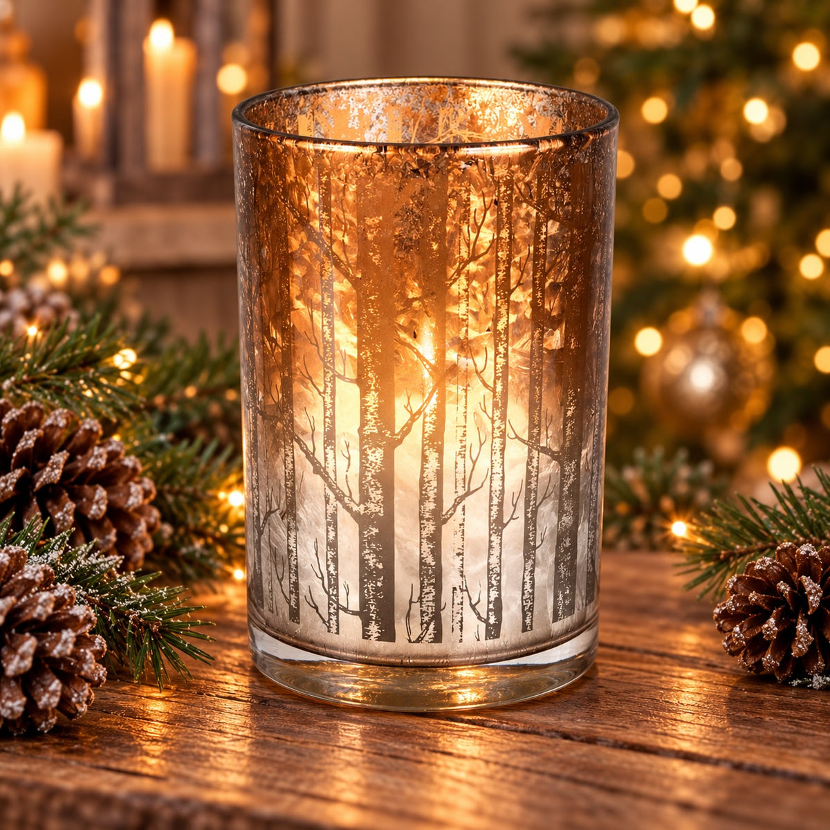 A clear glass candle holder with a frosted etched forest pattern, lit from within with a warm glow, set on a wooden table surrounded by pinecones and Christmas lights.