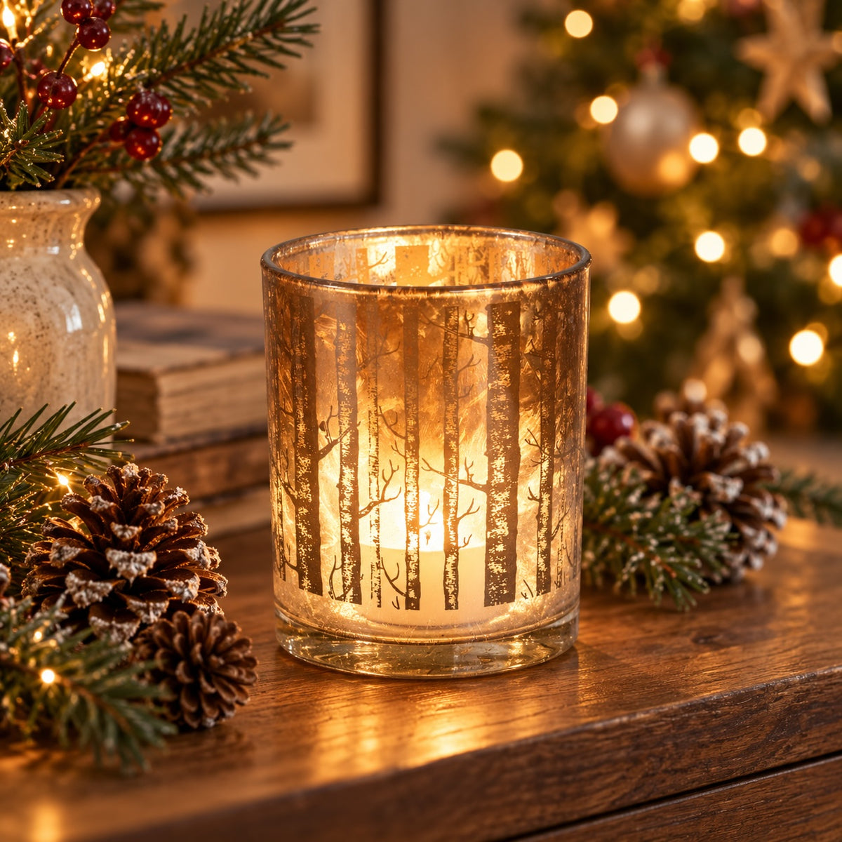 A lit glass candle holder with a gold-toned forest tree silhouette print sits on a wooden table surrounded by pinecones, evergreen branches, and a softly blurred Christmas tree in the background.