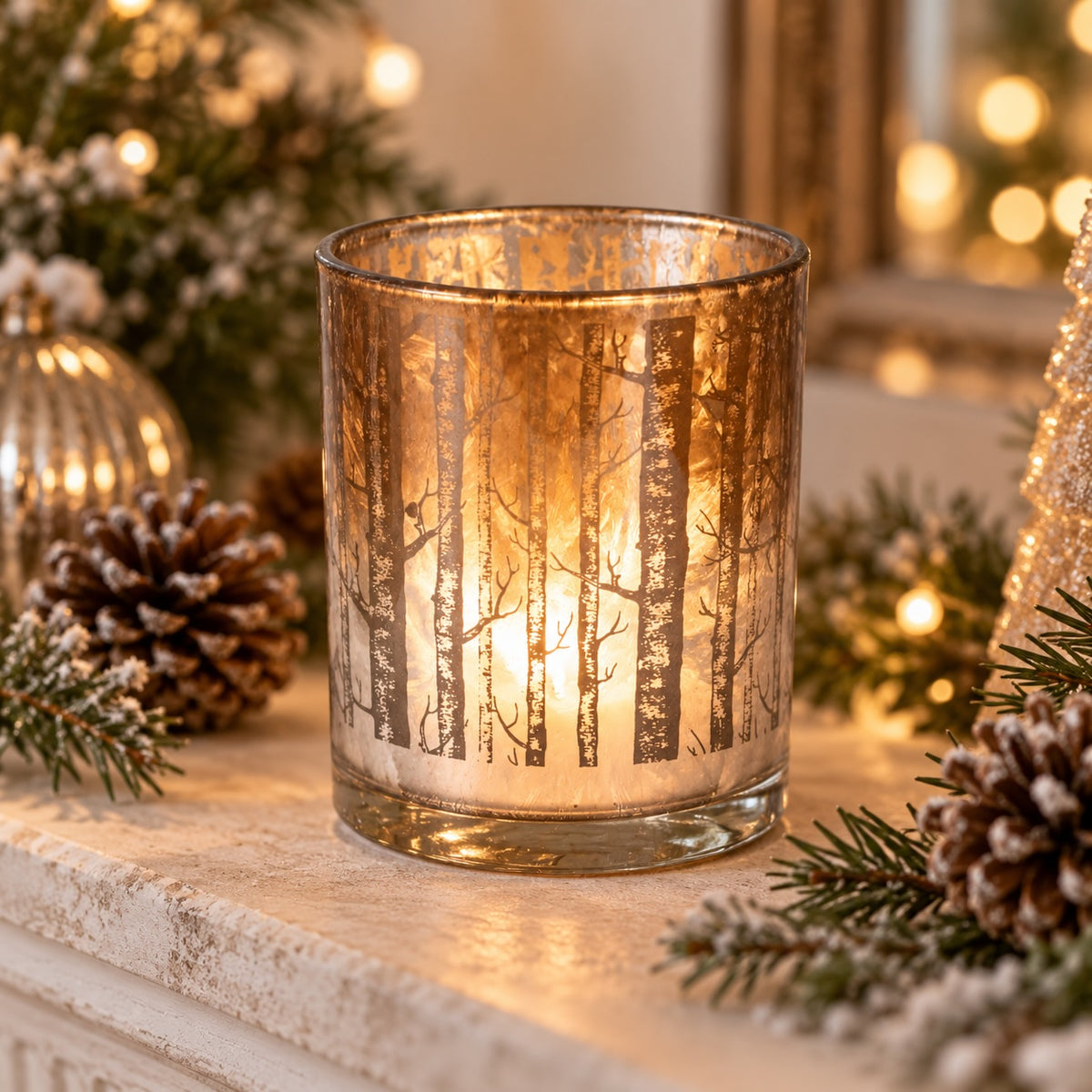 A lit glass candle holder with a printed forest tree pattern, set on a mantel surrounded by pinecones, evergreen branches, and warm holiday lights.