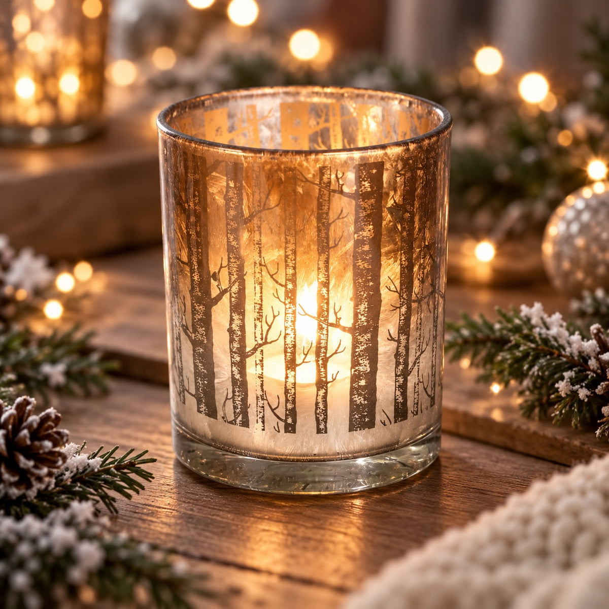 A clear glass candle holder with a printed forest tree pattern, lit from within with a warm glowing candle, set on a wooden surface with festive holiday decorations and blurred lights in the background.