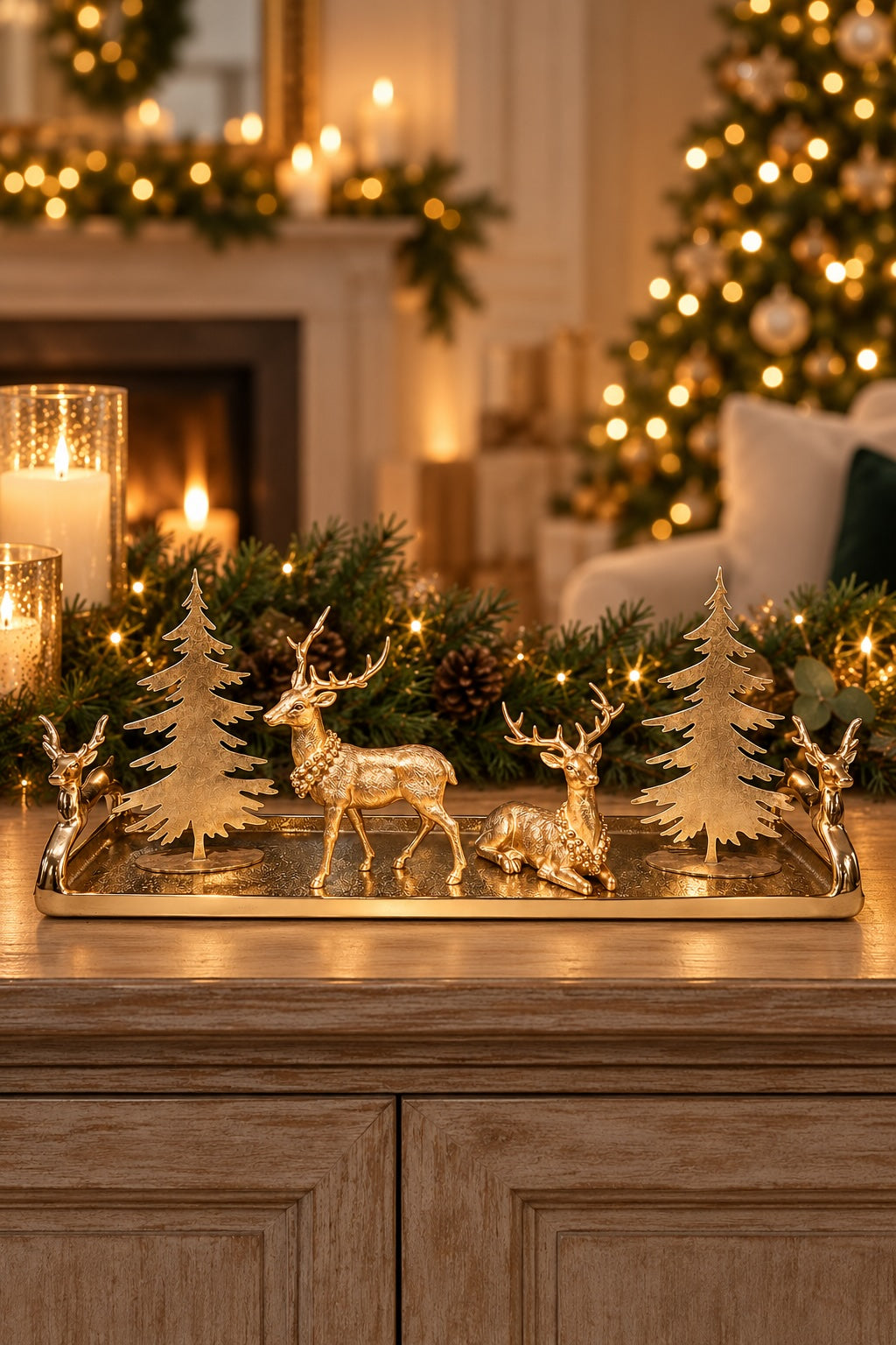 Midwinter Woodland curated Christmas display with gold reindeer and fir trees