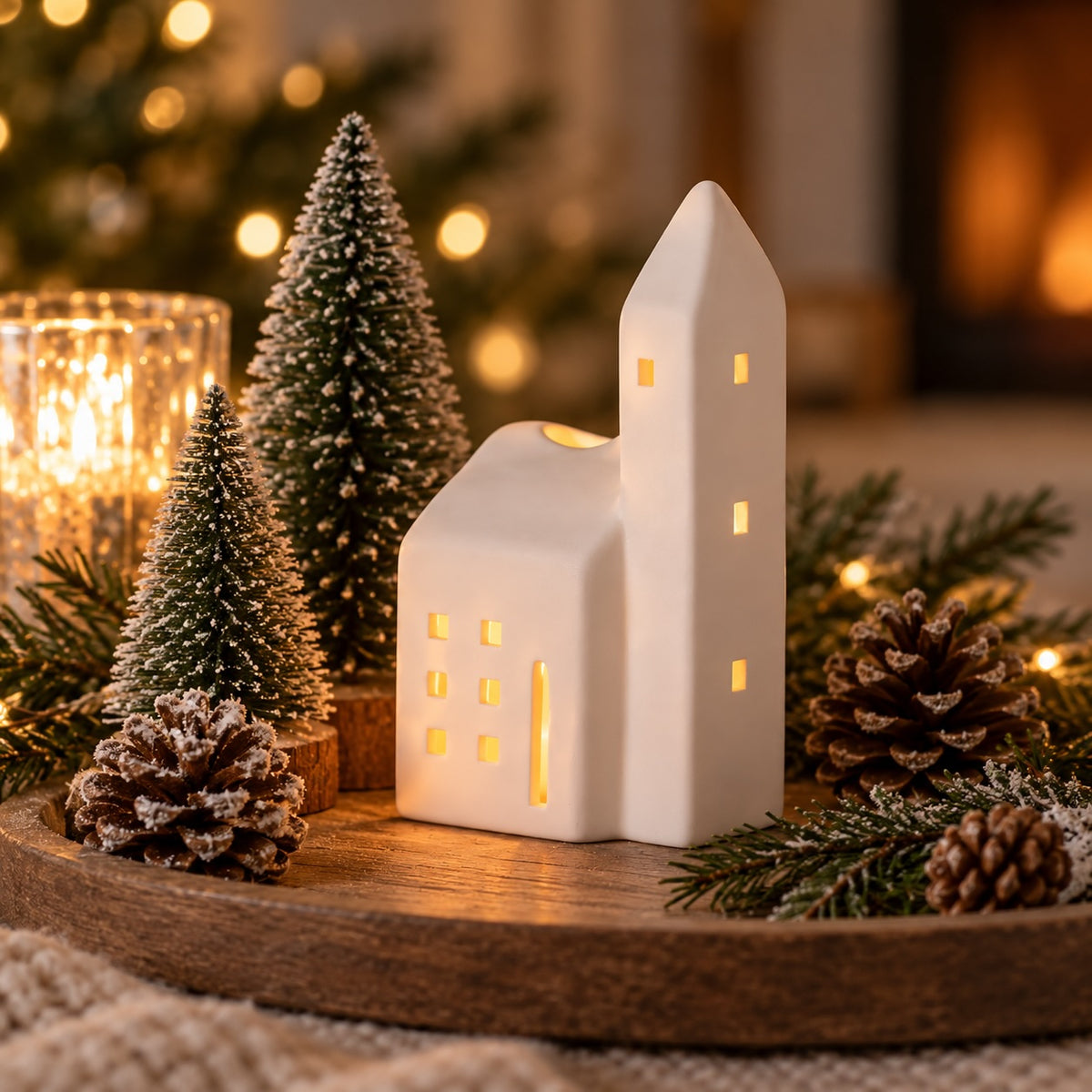 A white ceramic house-shaped candle holder with warm yellow light glowing from within, styled on a wooden tray with miniature Christmas trees, pinecones, and evergreen branches in a cosy holiday setting.