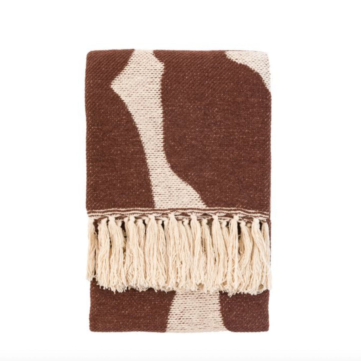 Brown and cream patterned blanket with tassels on a white background