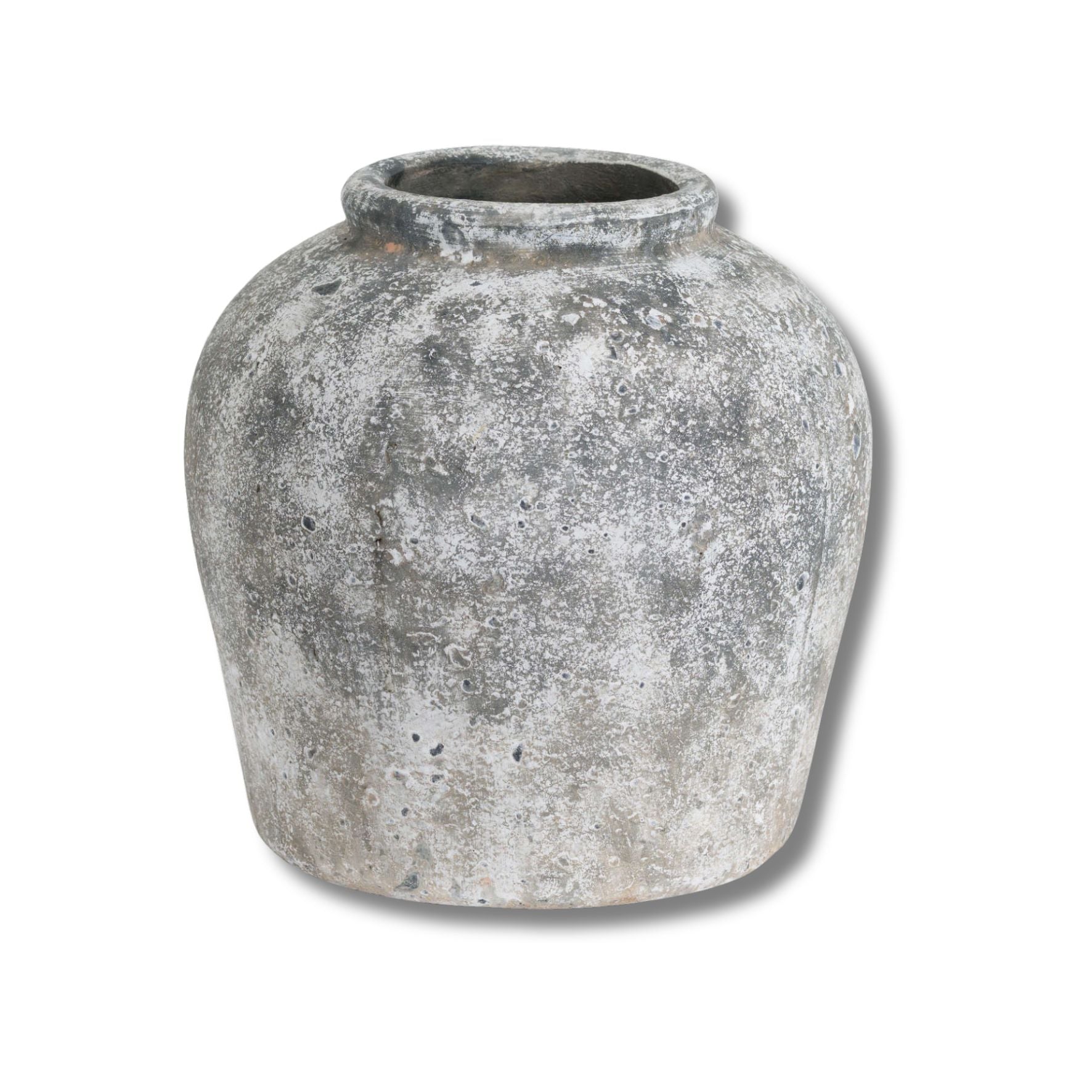 Vintage-style gray concrete vase on a white background
