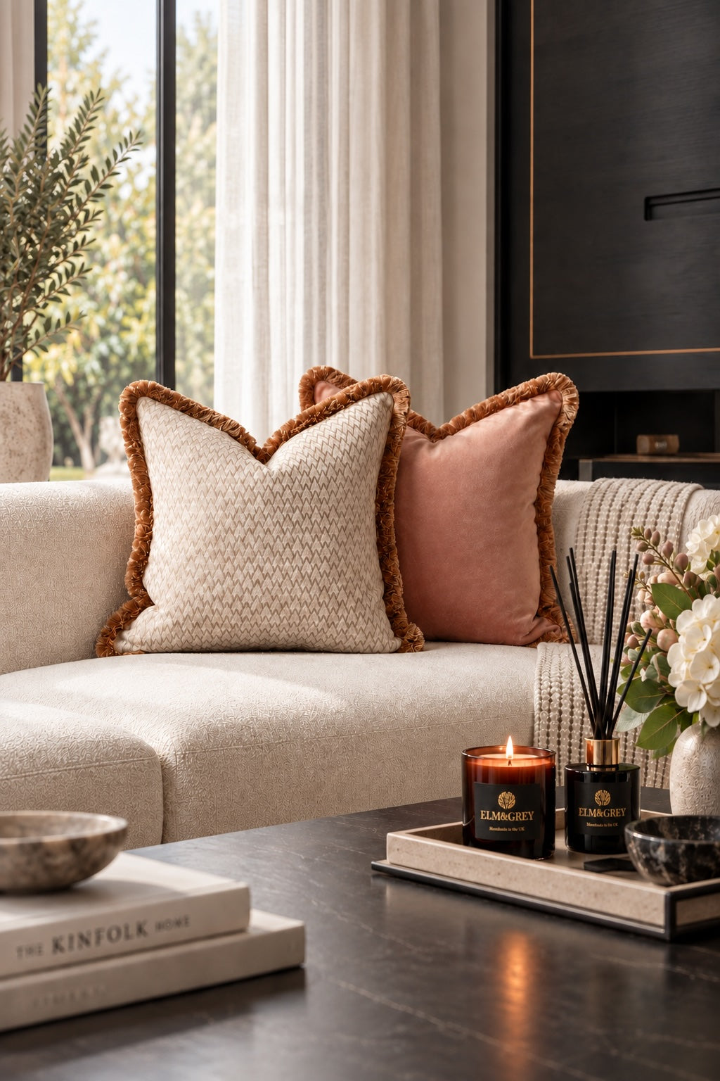 Bracken and Bay curated luxury cushion duo in warm neutral tones with velvet and geometric textures