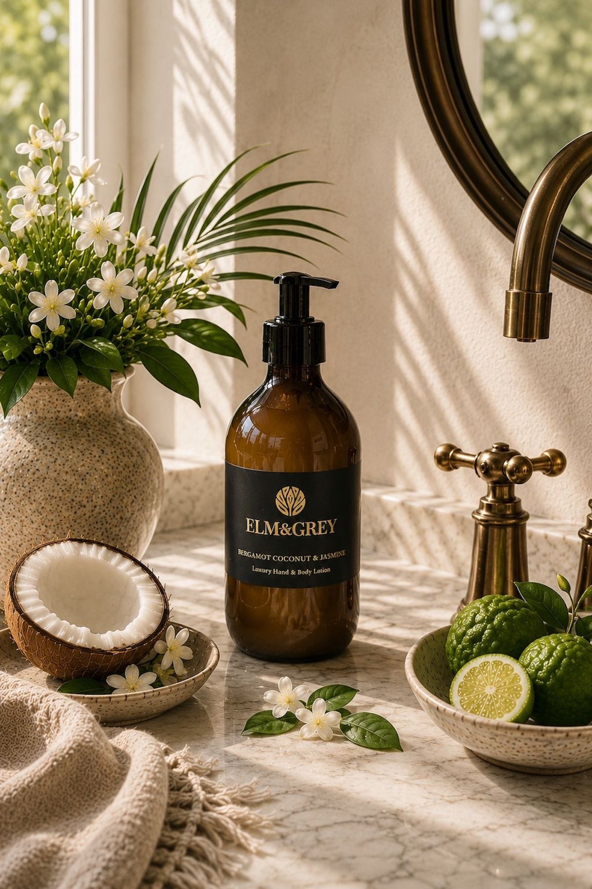 Elm & Grey Bergamot Coconut & Jasmine luxury scented hand and body lotion in a bright sunlit interior with coconut, citrus and jasmine botanicals, inspired by fresh uplifting home fragrance rituals.