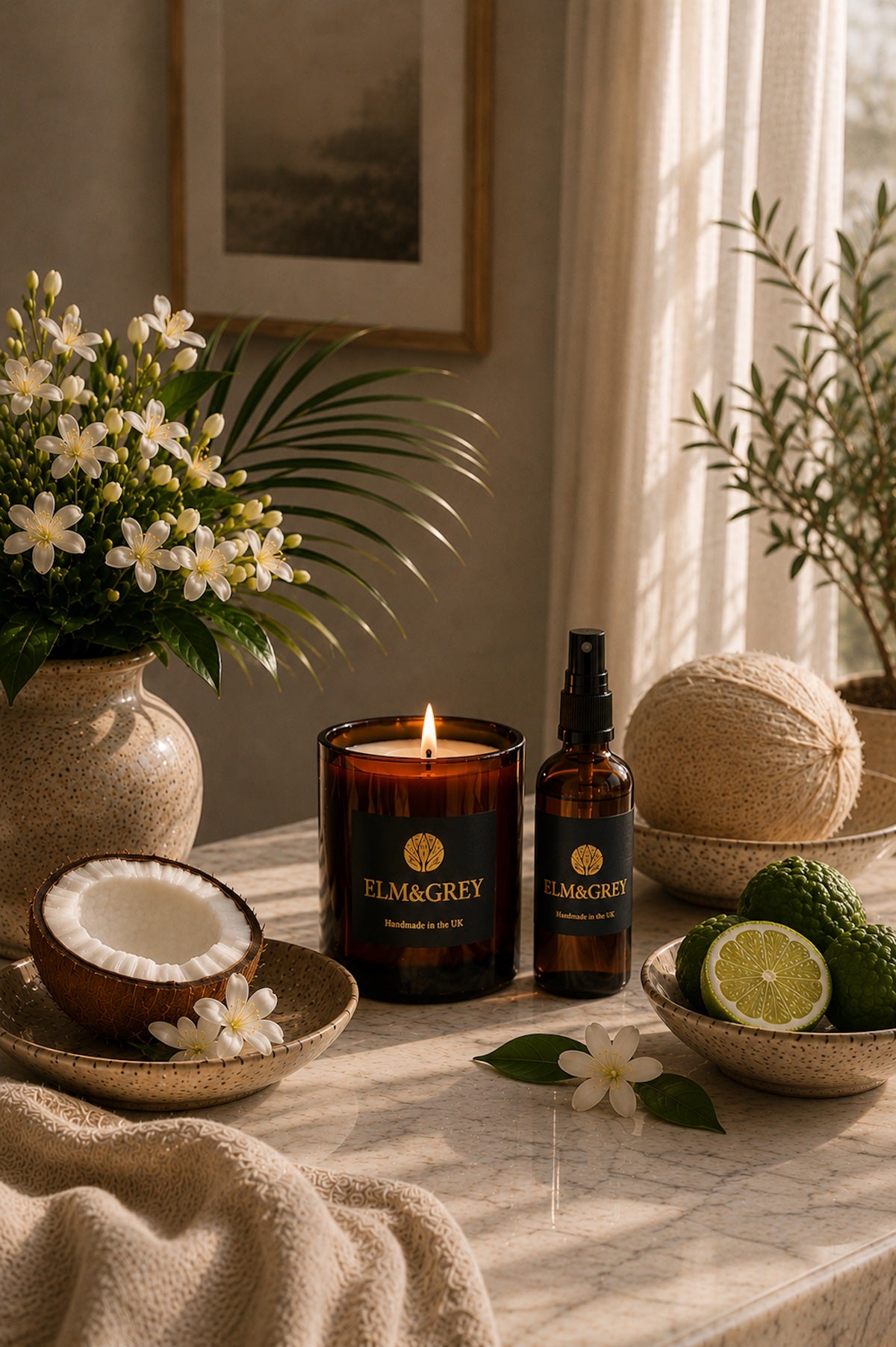 Elm & Grey Bergamot Jasmine & Coconut luxury scented candle and room spray in a bright sunlit interior with coconut, citrus and jasmine botanicals, inspired by fresh uplifting home fragrance rituals.