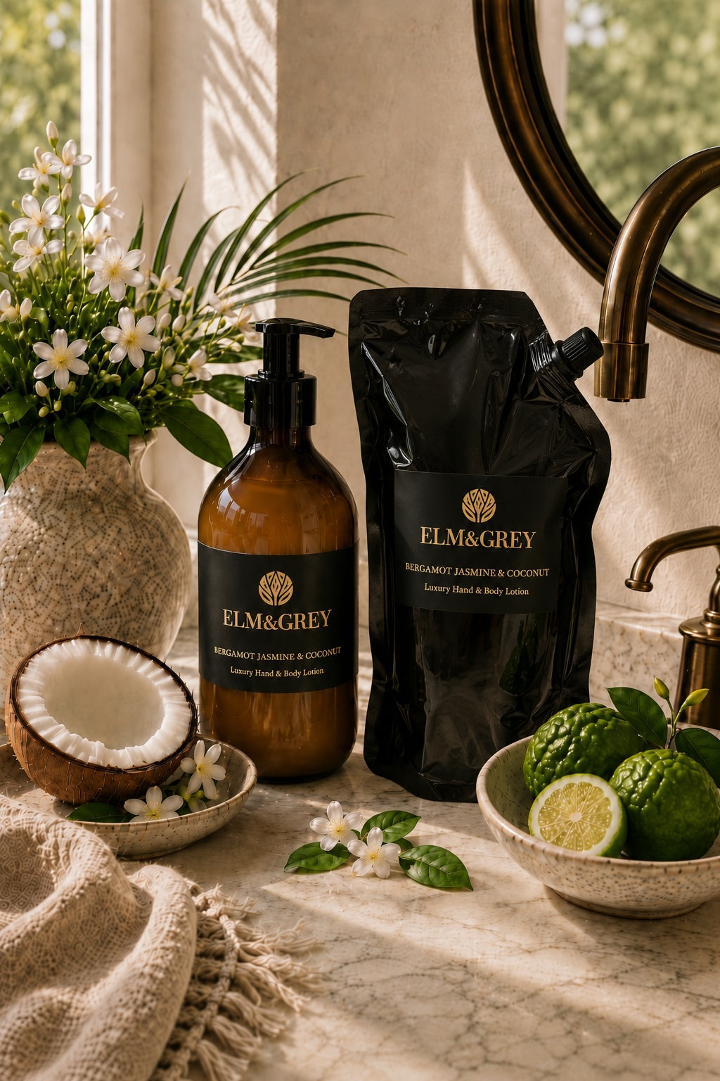 Elm & Grey Bergamot, Jasmine & Coconut hand and body care styled in a bright, softly uplifting bathroom ritual setting
