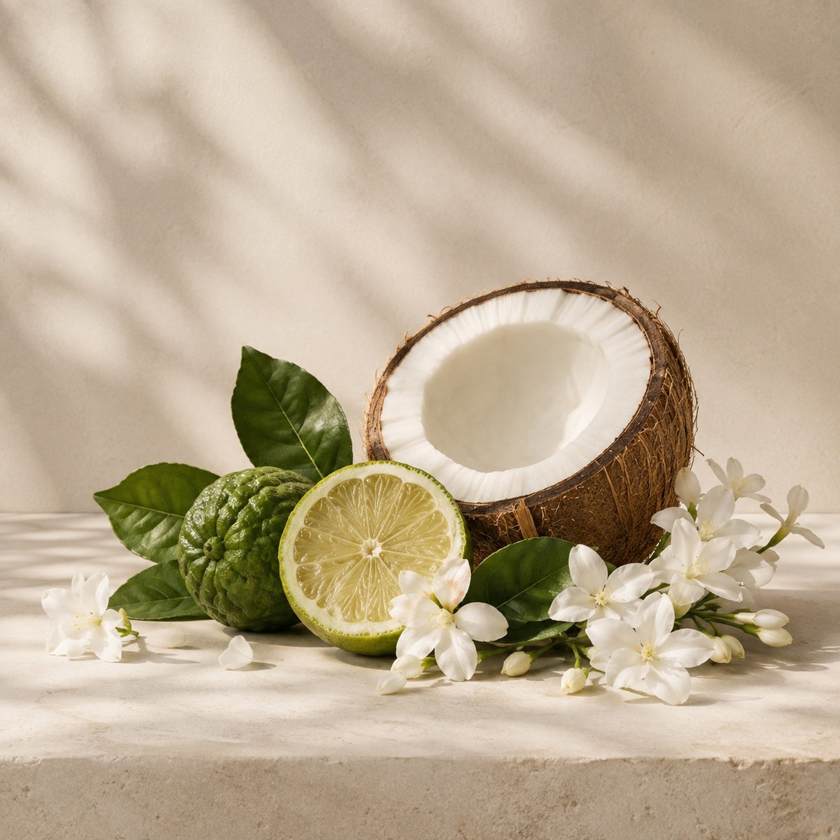 Bergamot, coconut and white jasmine illustrating Elm & Grey Bergamot Jasmine & Coconut fragrance notes