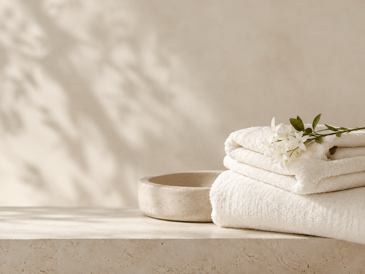 Soft towels and jasmine in a serene spa-like setting inspired by Elm & Grey Bergamot Jasmine & Coconut