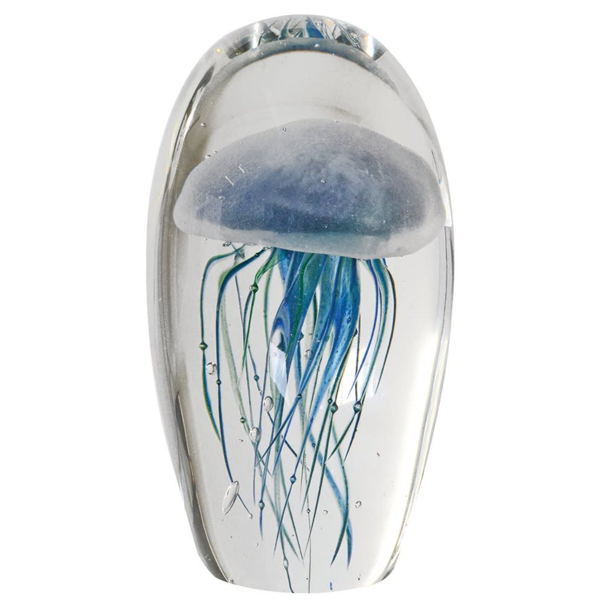 Decorative Glass Jellyfish Paperweight with blue and green tentacles.  Elm & Grey