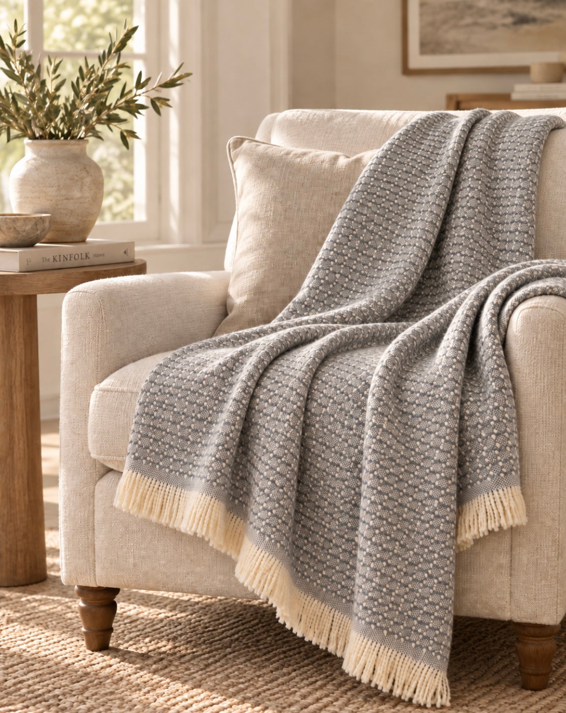 Blue grey and cream Quartz geometric woven throw with fringed edge styled in a calm neutral interior