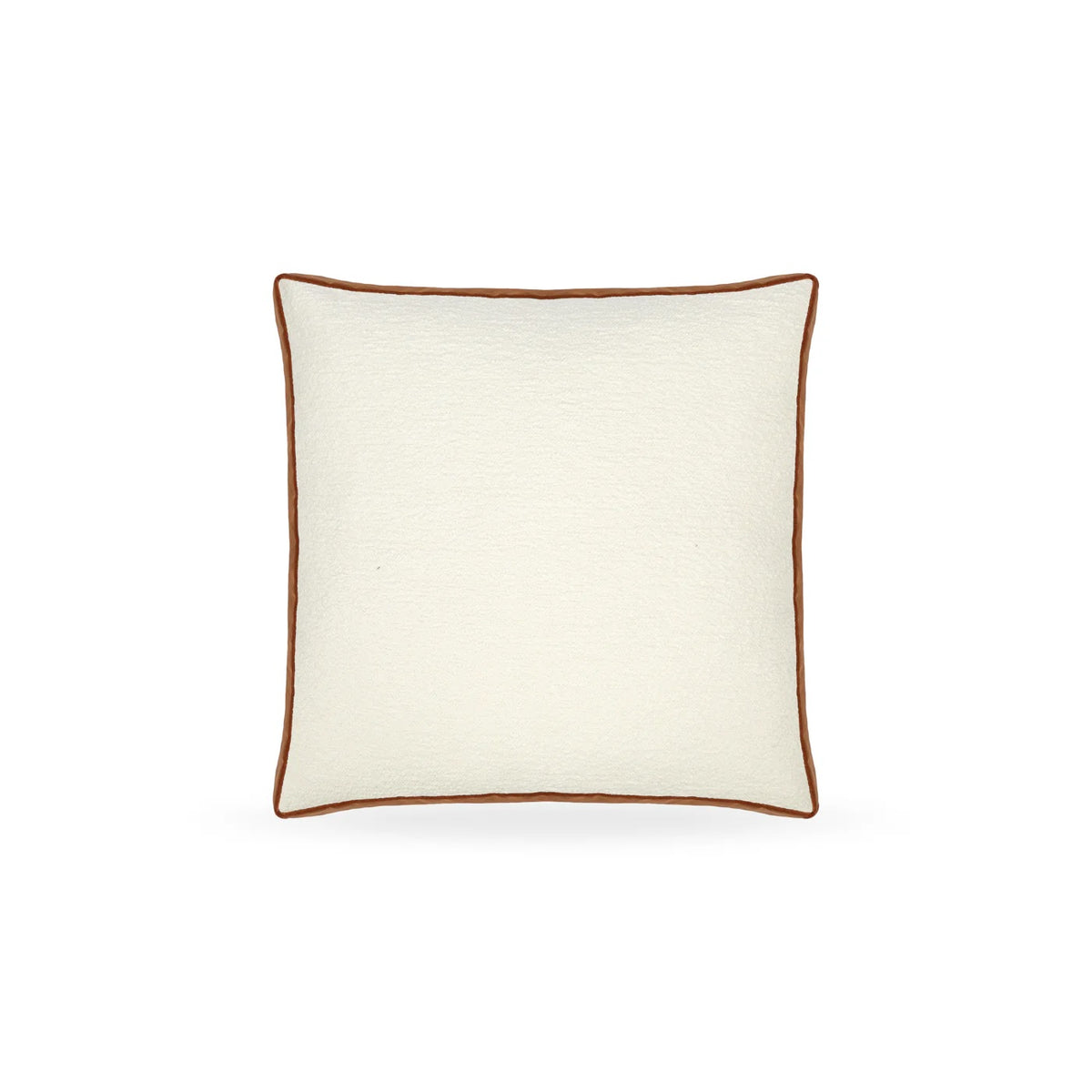 A square throw pillow in off-white textured fabric with a contrasting brown border, shown against a plain white background.