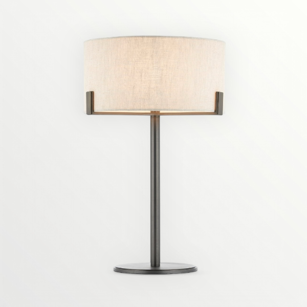 Brushed bornze table lamp with a natural linen textured shade. Elm & Grey.