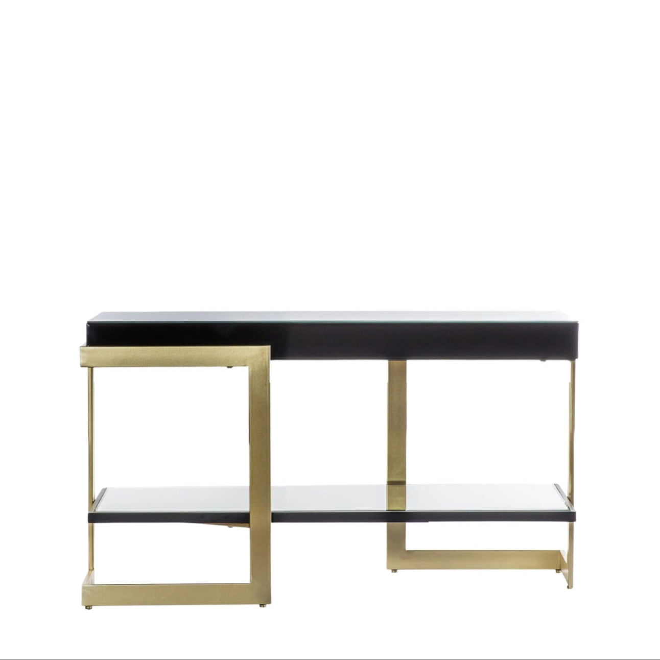 Modern coffee table with black top and gold legs on a white background