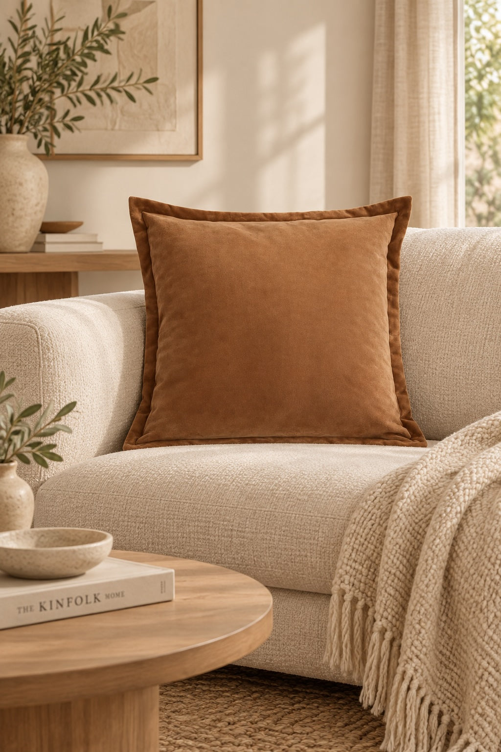 Caramel velvet cushion with Oxford edge styled on a neutral armchair in a warm, softly lit living room with layered natural textures.