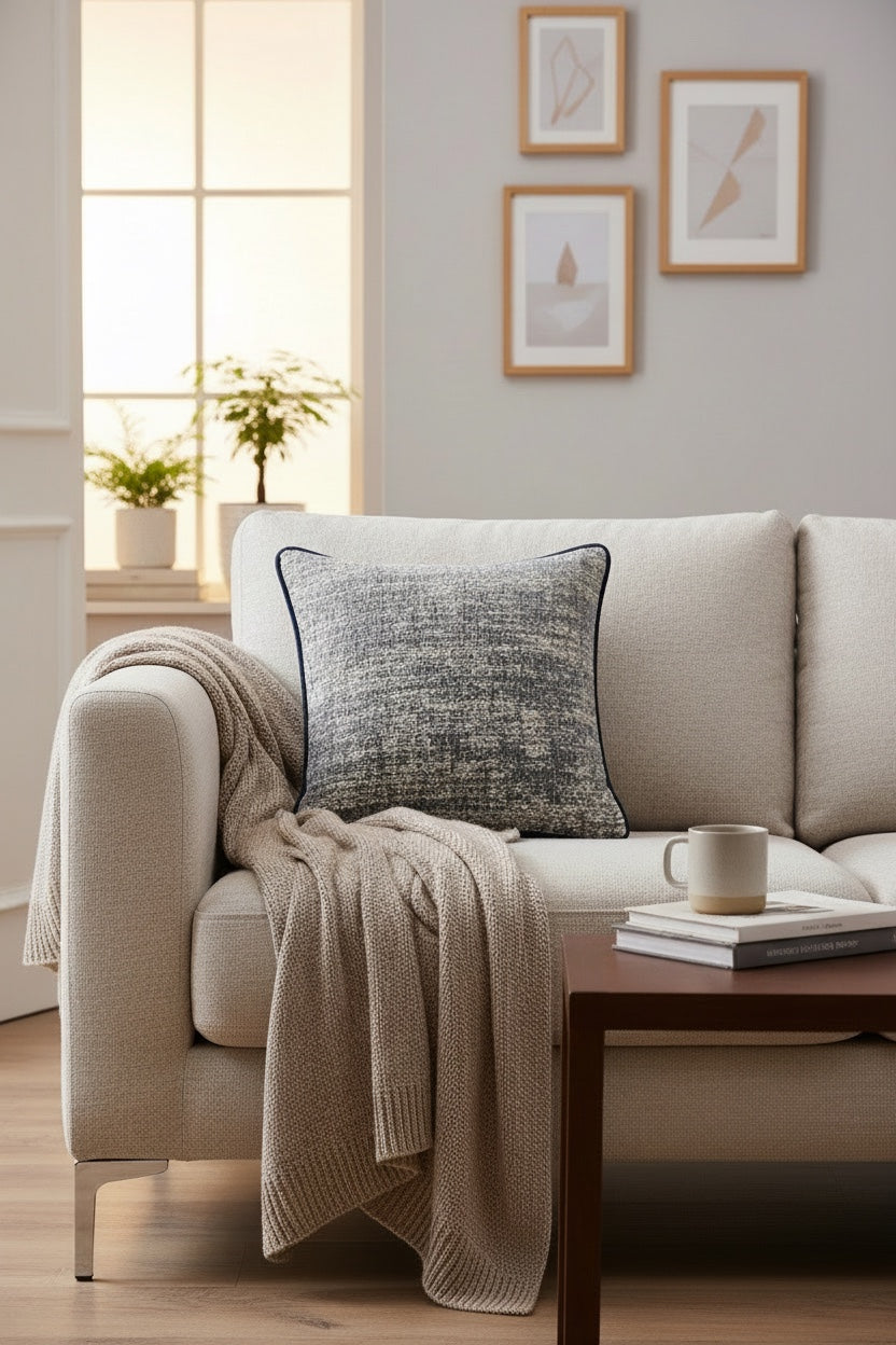 Beige sofa with a blanket and blue textured piped cushion in a living room setting