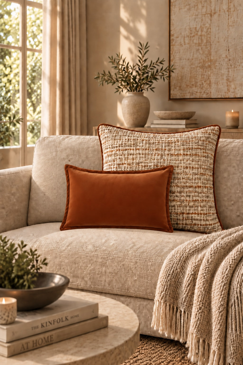 Carnelian and Citrine curated luxury cushion duo with piped square cushion and velvet lumbar