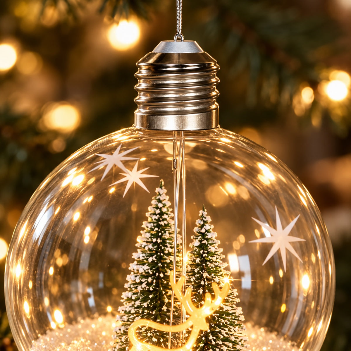 Lit Christmas Forest & Deer Glass Bauble – 15cm